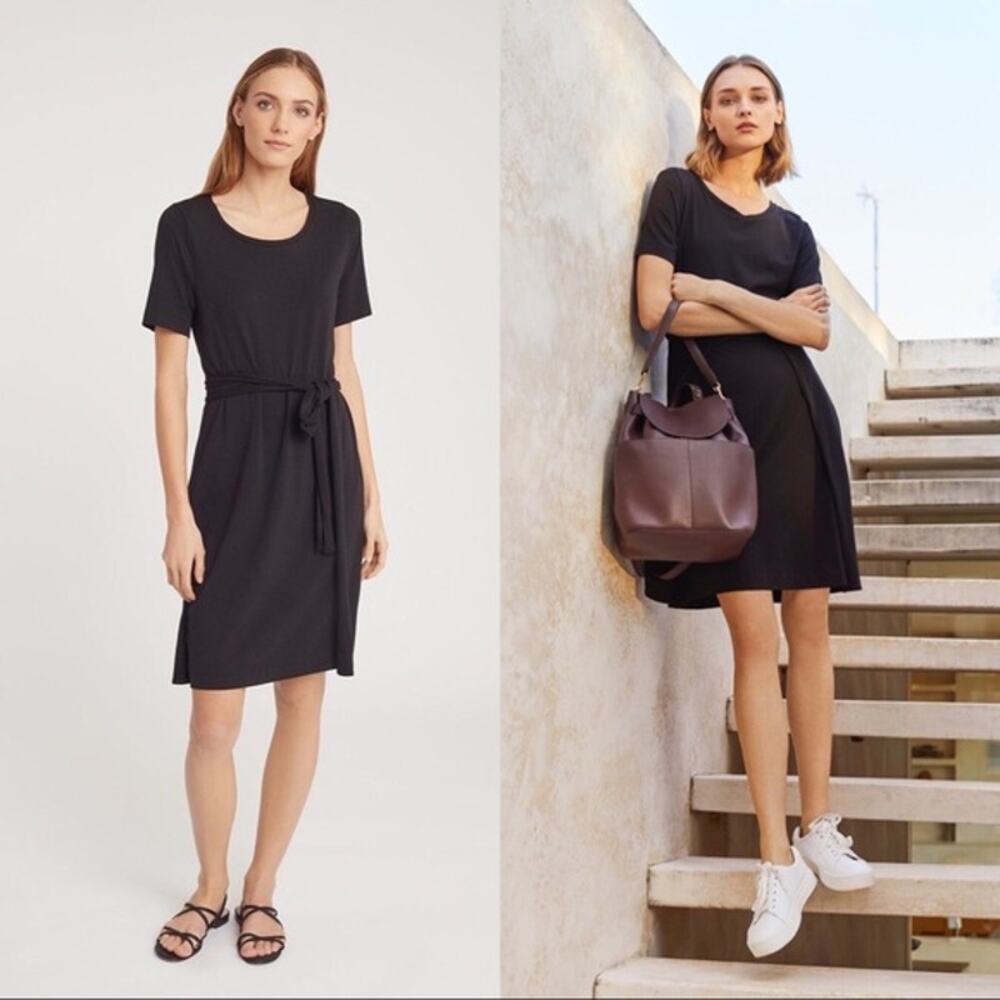 Cuyana Loose Tie Front Short Sleeve Tee Dress Womens Sz XL Black Minimalist